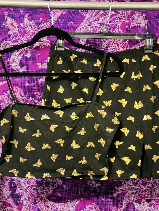 Other - Black Crop Top and Mini Skirt Set with Gold Butterfly Print